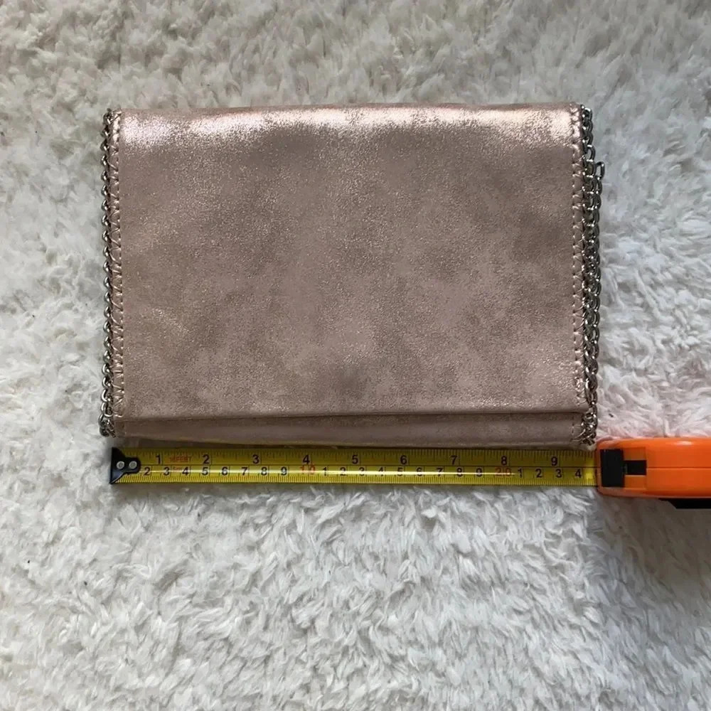 Chelsea28 Metallic Chain Trim Faux Leather Pink Silver Rose Crossbody Bag Clutch - Picture 12 of 16